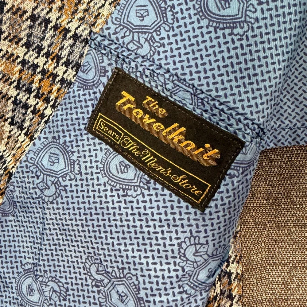 Vintage Sears Men 44XL Travelknit Blazer The Mens Store Blue Brown Plaid 70s USA